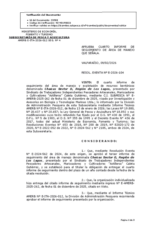 RES. EX. Nº E-2026-104 Aprueba 4º informe de seguimiento. (Publicado en Página Web 10-02-2026)