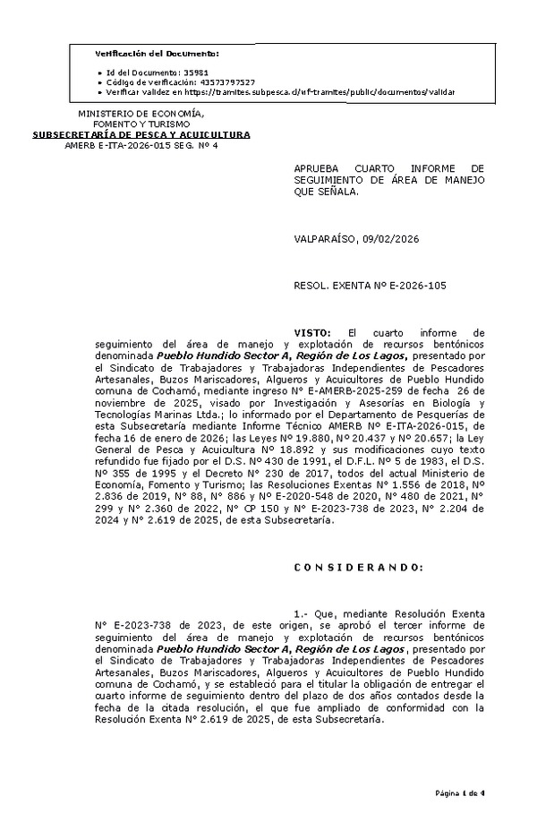 RES. EX. Nº E-2026-105 Aprueba 4º informe de seguimiento. (Publicado en Página Web 10-02-2026)