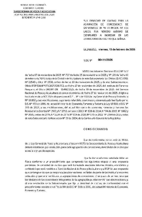Res. Ex. N° 411-2026 Fija densidad de cultivo para la agrupación de concesiones de salmónidos 3B en la Región de Los Lagos.Fija número máximo de ejemplares a ingresar en las estructuras de cultivo que señala. (Con Informe Técnico) (Publicado en Página Web 16-02-2026)