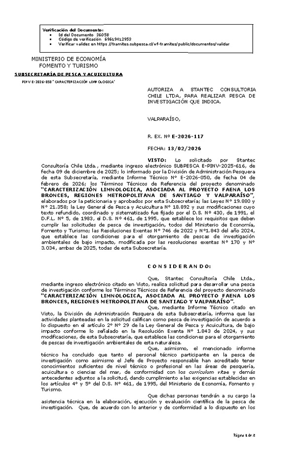 R. EX. Nº E-2026-117 AUTORIZA A STANTEC CONSULTORIA CHILE LTDA, PARA REALIZAR PESCA DE INVESTIGACIÓN QUE INDICA.(Publicado en Página Web 17-02-2026).
