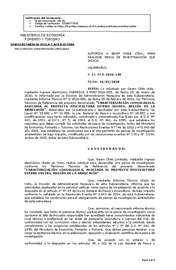 R. EX. Nº E-2026-140 AUTORIZA A GEAM CHILE LTDA., PARA REALIZAR PESCA DE INVESTIGACIÓN QUE INDICA.(Publicado en Página Web 18-02-2026)