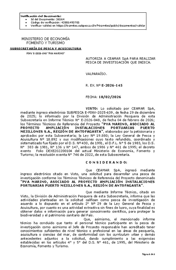 R. EX. Nº E-2026-145 AUTORIZA A CEAMAR SpA, PARA REALIZAR PESCA DE INVESTIGACIÓN QUE INDICA.(Publicado en Página Web 18-02-2026)