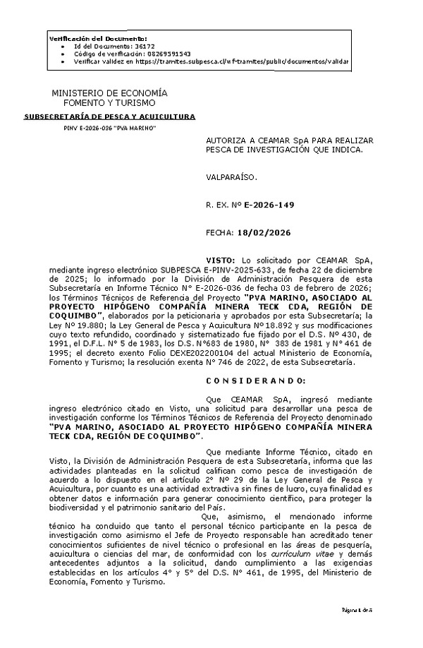 R. EX. Nº E-2026-149 AUTORIZA A CEAMAR SpA, PARA REALIZAR PESCA DE INVESTIGACIÓN QUE INDICA.(Publicado en Página Web 18-02-2026)