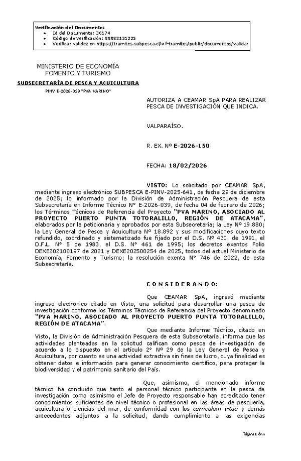 R. EX. Nº E-2026-150 AUTORIZA A CEAMAR SpA, PARA REALIZAR PESCA DE INVESTIGACIÓN QUE INDICA.(Publicado en Página Web 18-02-2026)