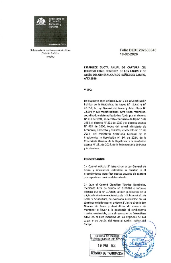 Dec. Ex. Folio 202600045 Establece Cuota Anual de Captura del Recurso Erizo, Regiones de Los Lagos y de Aysén del General Carlos Ibañez del Campo, Año 2026. (Publicado en Página Web 19-02-2026).(F.D.O. 28-02-2026)