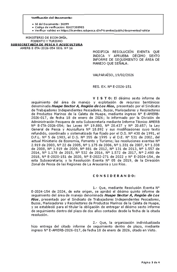 RES. EX. Nº E-2026-151 Modifica Resolución exenta y Aprueba 16º seguimiento. (Publicado en Página Web 20-02-2026).