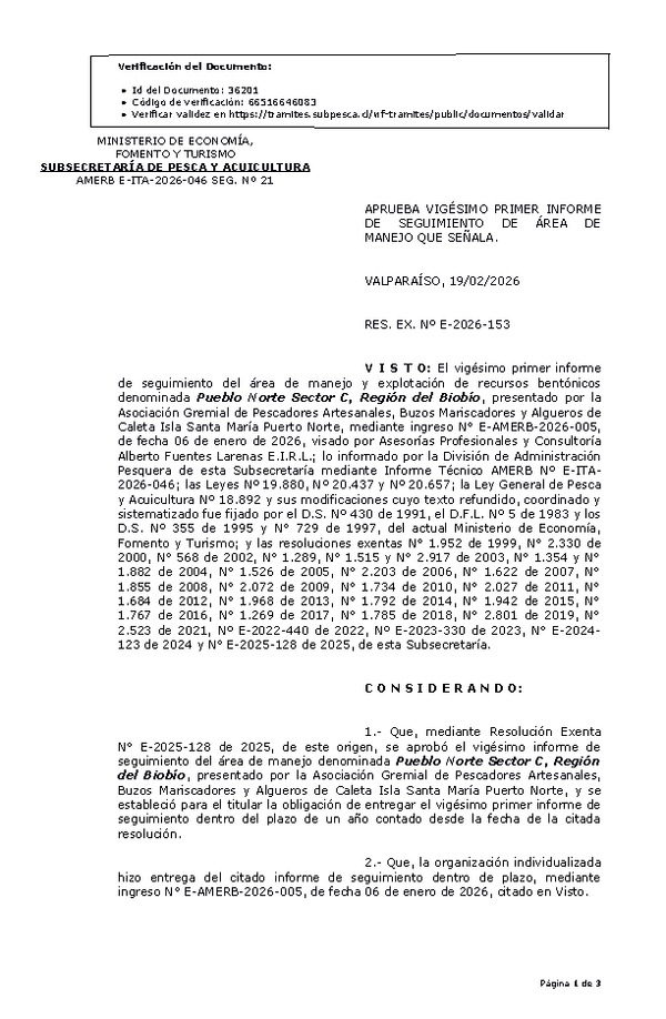 Res. Ex. Nº E-2026-153 Aprueba 21° seguimiento. (Publicado en Página Web 20-02-2026)