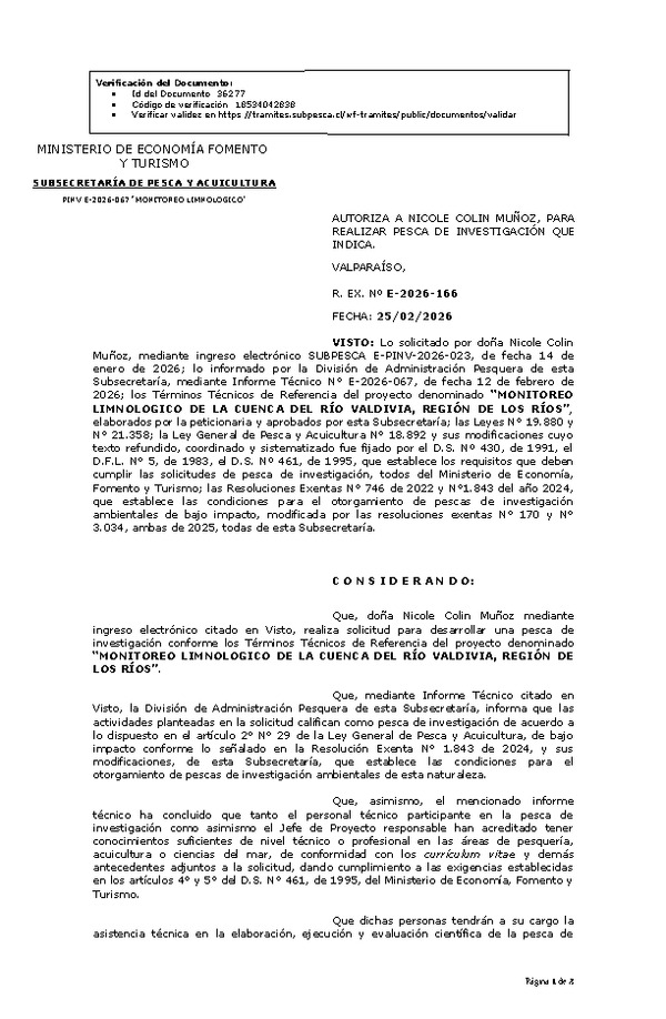 Res. Ex. Nº E-2026-166 AUTORIZA A NICOLE COLIN MUÑOZ, PARA REALIZAR PESCA DE INVESTIGACIÓN QUE INDICA. (Publicado en Página Web 26-02-2026)