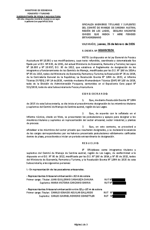 Res. Ex. N° 509-2026 Oficializa Miembros Titulares y Suplentes del Comité de Manejo de Sardina Austral Región de Los Lagos, Declara Vacantes Cargos que Indica y Abre Periodo Extraordinario.(Publicado en Página Web 26-02-2026)
