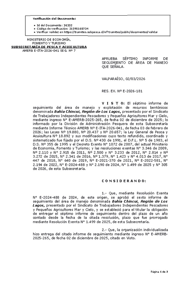 RES. EX. Nº E-2026-181 Aprueba séptimo informe de seguimiento. (Publicado en Página Web 02-03-2026)