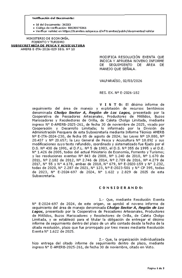 RES. EX. Nº E-2026-182 Modifica Res. Ex. que Indica y Aprueba noveno informe de seguimiento. (Publicado en Página Web 02-03-2026)