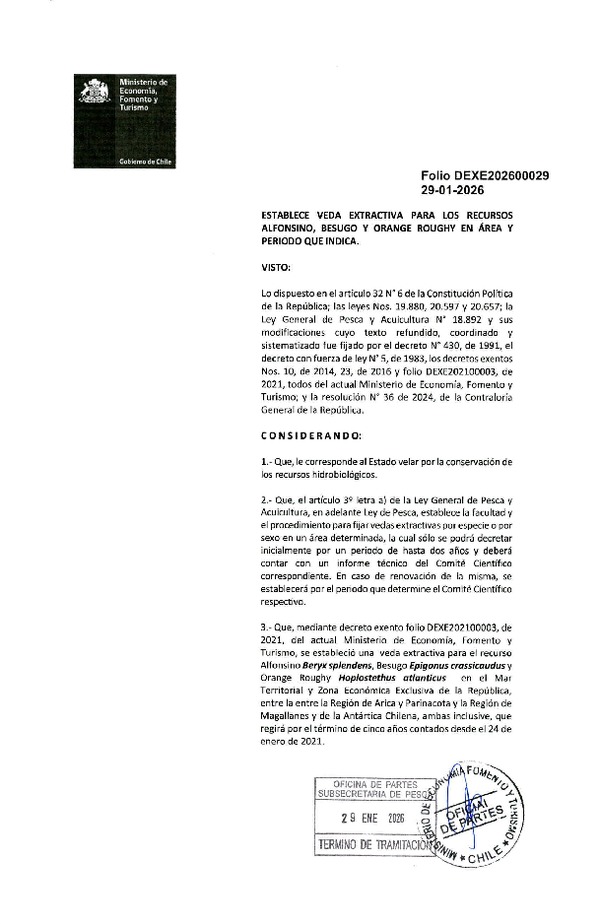 Dec. Ex. N° Folio 202600029 Establece Veda Extractiva para los Recursos Alfonsino, Besugo y Orange Roughy en Área y Período que Indica. (F.D.O. 11-02-2026)