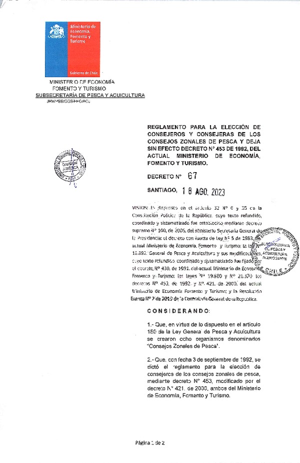 D.S. N° 67-2023 Reglamento para la Elección de Consejeros y Consejeras de los Consejos Zonales de Pesca y Deja sin Efecto Decreto N° 453-1992 del Actual Ministerio de Economía, Fomento y Turismo. (F.D.O. 25-02-2026)