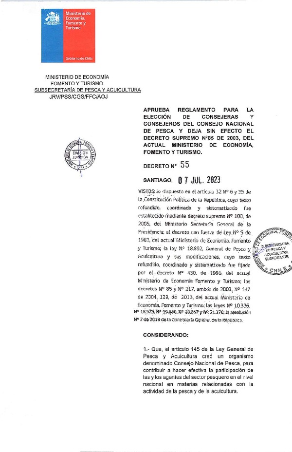 D.S. N° 55-2023 Reglamento para la Elección de Consejeras y Consejeros del Consejo Nacional de Pesca y Deja sin Efecto Decreto N° 85-2003 del Actual Ministerio de Economía, Fomento y Turismo. (F.D.O. 26-02-2026)