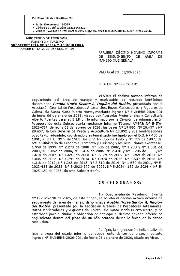 RES. EX. Nº E-2026-191 Aprueba décimo noveno informe de seguimiento. (Publicado en Página Web 04-03-2026)