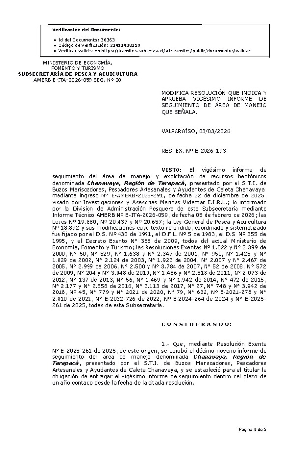 RES. EX. Nº E-2026-193 Modifica resolución que indica, aprueba vigésimo informe de seguimiento. (Publicado en Página Web 04-03-2026)