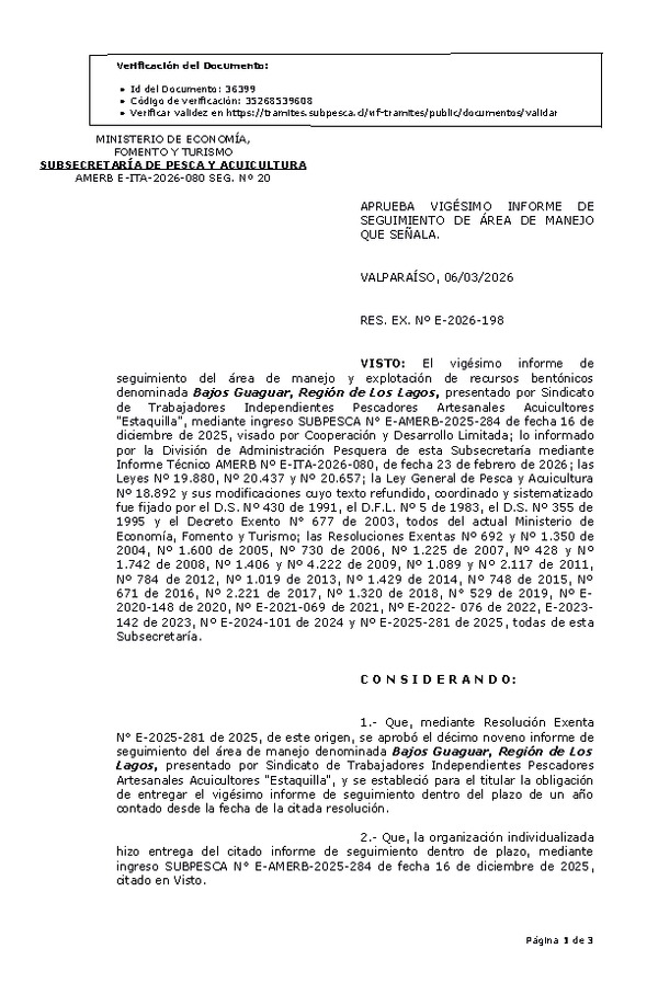 RESOL. EXENTA Nº E-2026-198 Aprueba vigésimo informe de seguimiento. (Publicado en Página Web 06-03-2026)