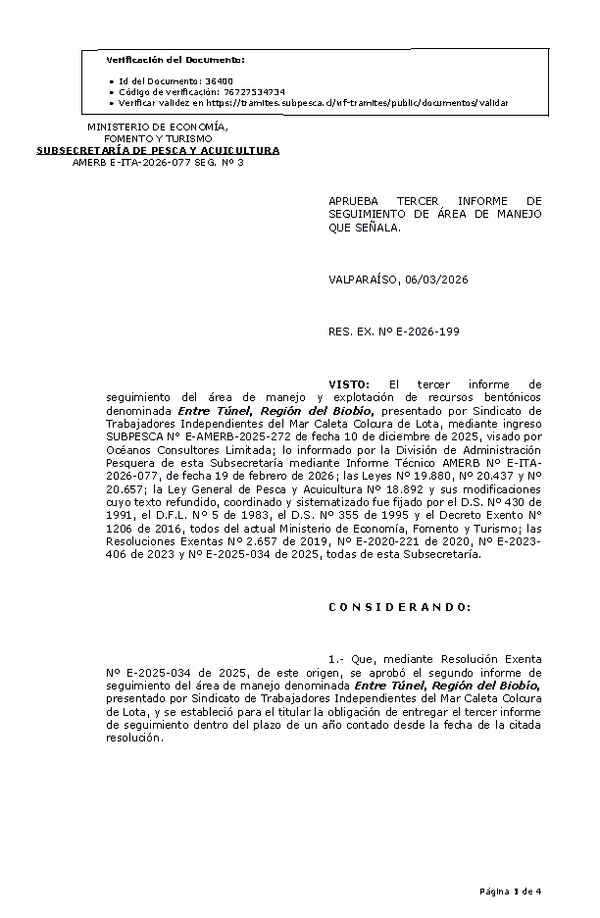 RESOL. EXENTA Nº E-2026-199 Aprueba tercer informe de seguimiento. (Publicado en Página Web 06-03-2026)