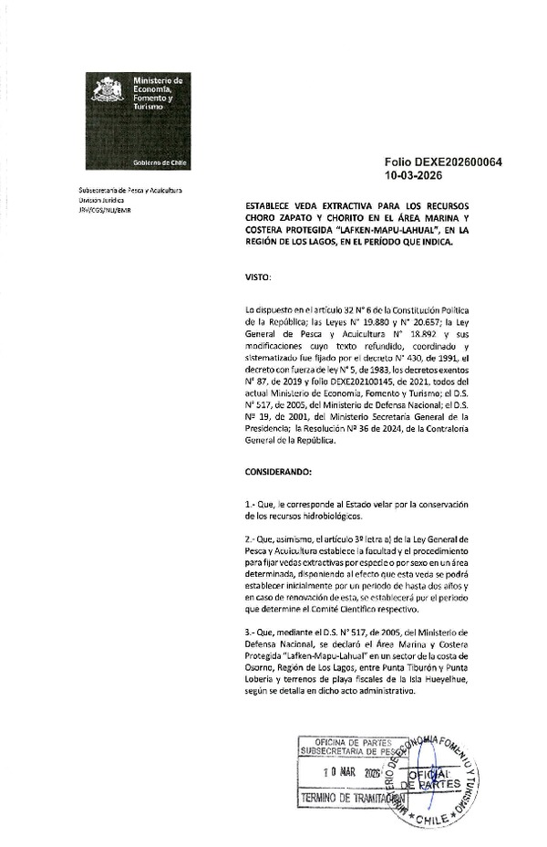 Dec. Ex. Folio N°202600064 Establece Veda Extractiva para los Recursos Choro Zapato y Chorito en el Área Marina y Costera Protegida "Lafken-Mapu-Lahual", en la Región de Los Lagos, en el Período que Indica. (Publicado en Página Web 11-03-2026)