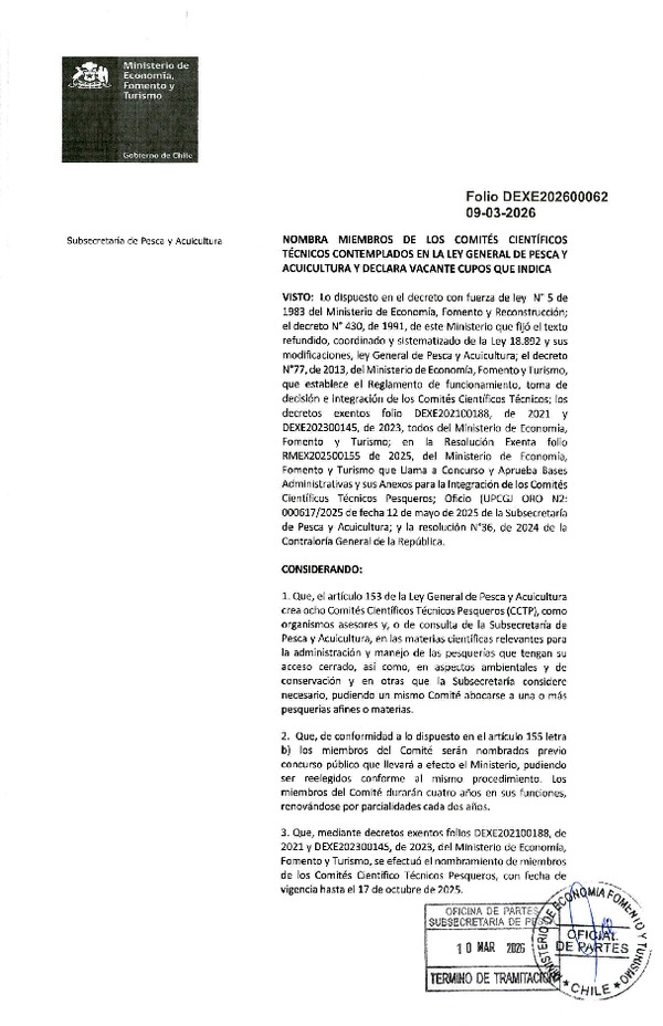 Dec. Ex. Folio 202600062 Nombra Miembros de los Comités Científicos Técnicos Contemplados en la ley General de Pesca y Acuicultura y Declara Vacantes Cupos que Indica. (Publicado en Página Web 11-03-2026)