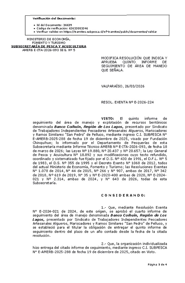 RESOL. EXENTA Nº E-2026-224 Modifica resolución de Indica, aprueba quinto informe de seguimiento. (Publicado en Página Web 27-03-2026)