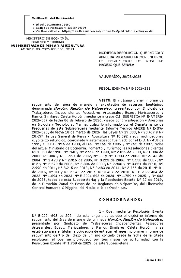 RESOL. EXENTA Nº E-2026-229 Modifica resolución que indica, Aprueba vigésimo primer informe de seguimiento. (Publicado en Página Web 31-03-2026).