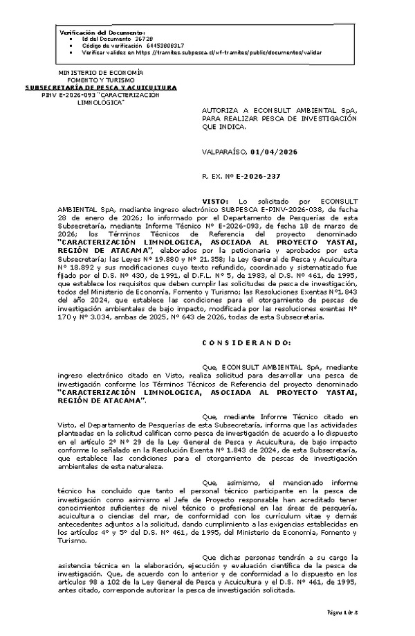 R. EX. Nº E-2026-237 AUTORIZA A ECONSULT AMBIENTAL SpA, PARA REALIZAR PESCA DE INVESTIGACIÓN QUE INDICA. (Publicado en Página Web 02-04-2026)