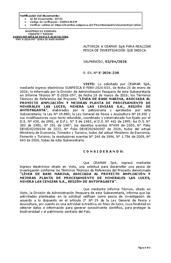 R. EX. Nº E-2026-238 AUTORIZA A CEAMAR SpA PARA REALIZAR PESCA DE INVESTIGACIÓN QUE INDICA. (Publicado en Página Web 06-04-2026)