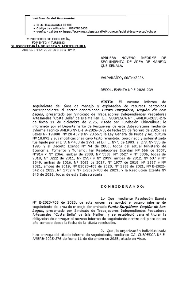 RESOL. EXENTA Nº E-2026-239 Aprueba noveno informe de seguimiento. (Publicado en Página Web 07-04-2026)