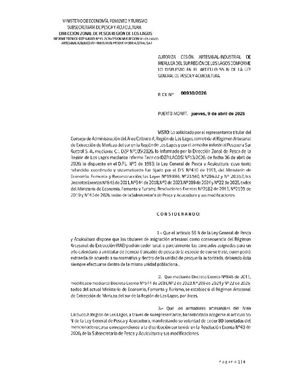 Res. Ex. 930-2026 Autoriza Cesión de Merluza del Sur, Región de Los Lagos. (Publicado en Página Web 09-04-2026)