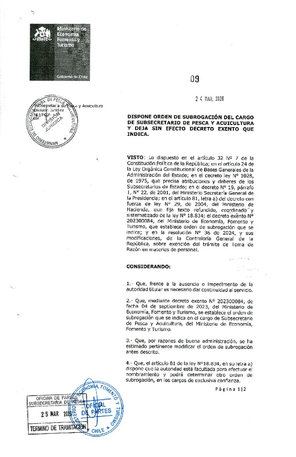 Dec. Ex. N° 9-2026 Dispone Orden de Subrogación del Cargo de Subsecretario de Pesca y Acuicultura y Deja sin Efecto Decreto Exento que Indica. (F.D.O. 09-04-2026)