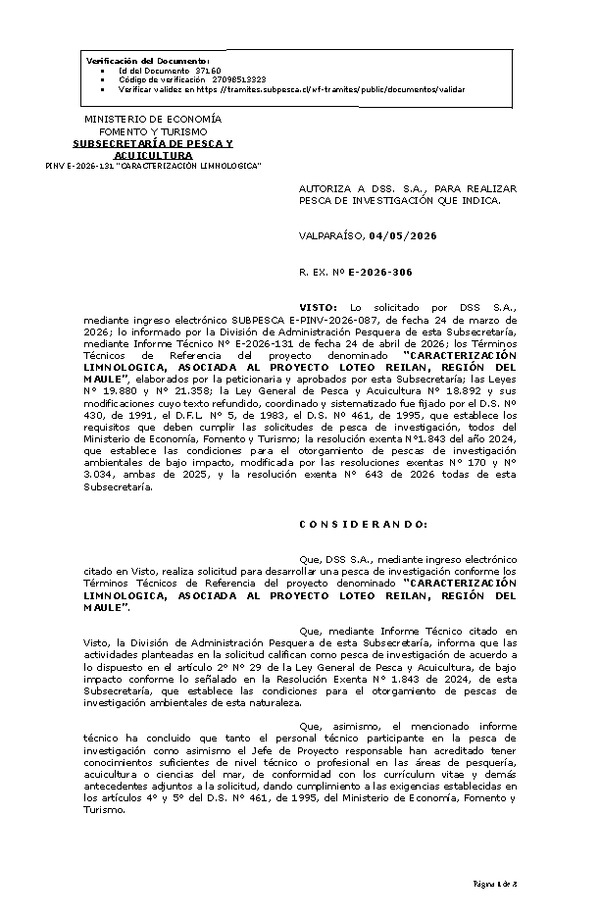 R. EX. Nº E-2026-306 AUTORIZA A DSS. S.A., PARA REALIZAR PESCA DE INVESTIGACIÓN QUE INDICA. (Publicado en Página Web 05-05-2026)