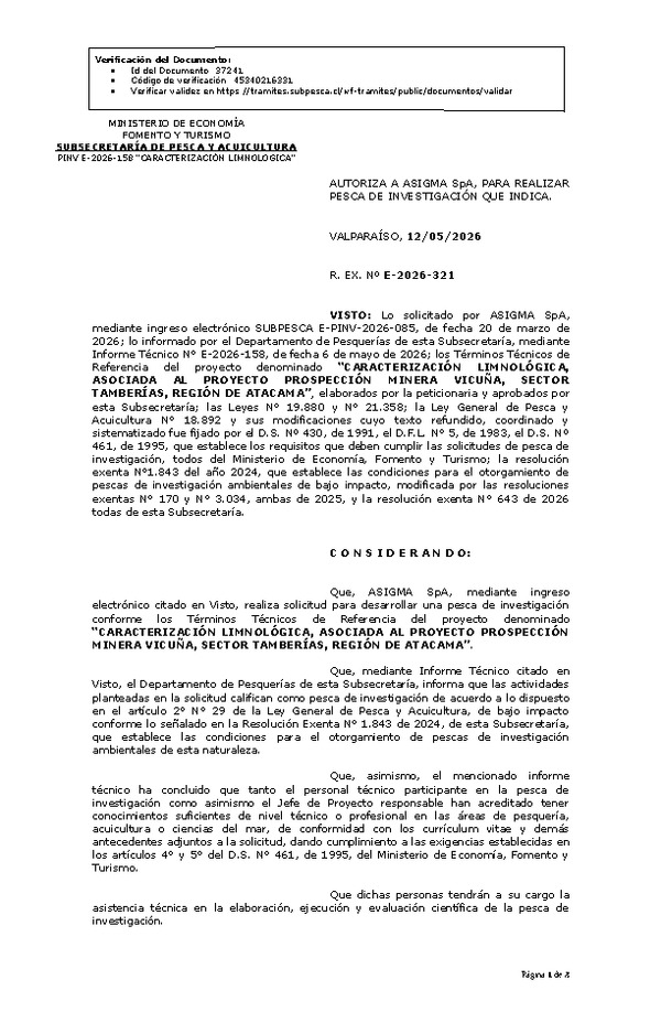 R. EX. Nº E-2026-321 AUTORIZA A ASIGMA SpA, PARA REALIZAR PESCA DE INVESTIGACIÓN QUE INDICA. (Publicado en Página Web 12-05-2026)