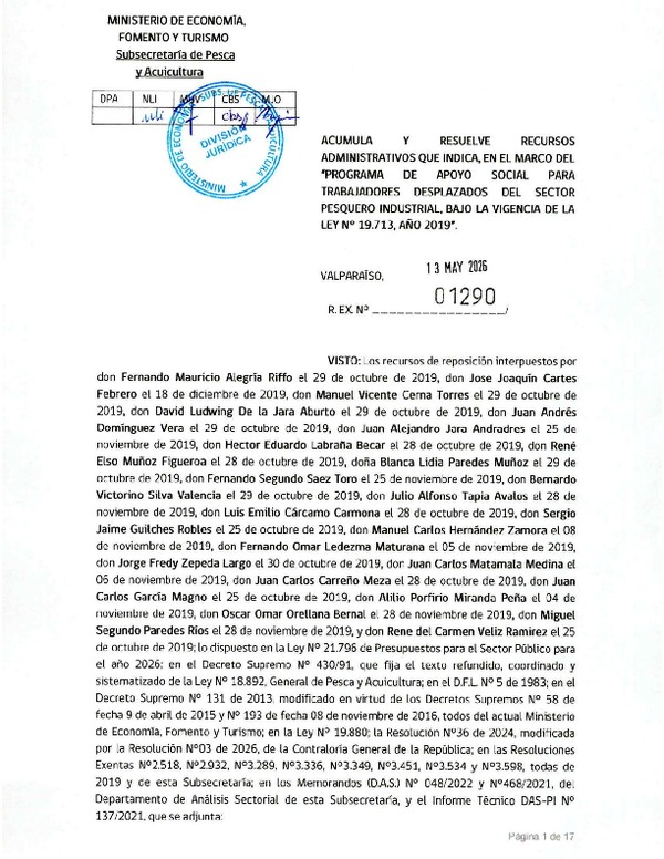 Res. Ex. N° 1290-2026 Aprueba y resuelve recursos administrativos que indica, en el marco del programa de apoyo social que señala, año 2019. (Publicado en Página Web 18-05-2026)