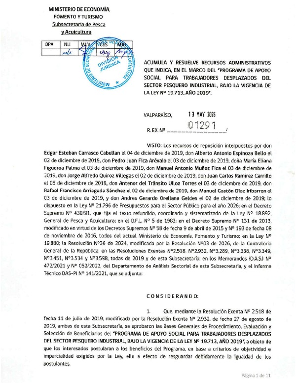 Res. Ex. N° 1291-2026 Aprueba y resuelve recursos administrativos que indica, en el marco del programa de apoyo social que señala, año 2019. (Publicado en Página Web 18-05-2026)