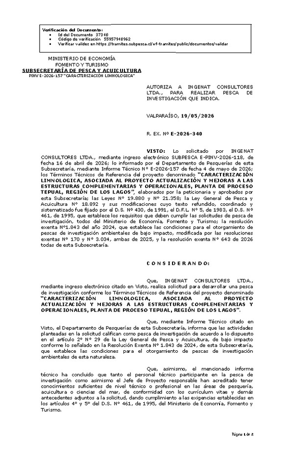 R. EX. Nº E-2026-340 AUTORIZA A INGENAT CONSULTORES LTDA., PARA REALIZAR PESCA DE INVESTIGACIÓN QUE INDICA. (Publicado en Página Web 19-05-2026)