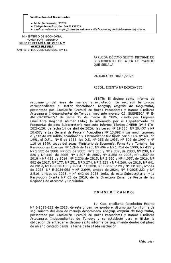 RESOL. EXENTA Nº E-2026-335 Aprueba décimo sexto informe de seguimiento. (Publicado en Página Web 20-05-2026)