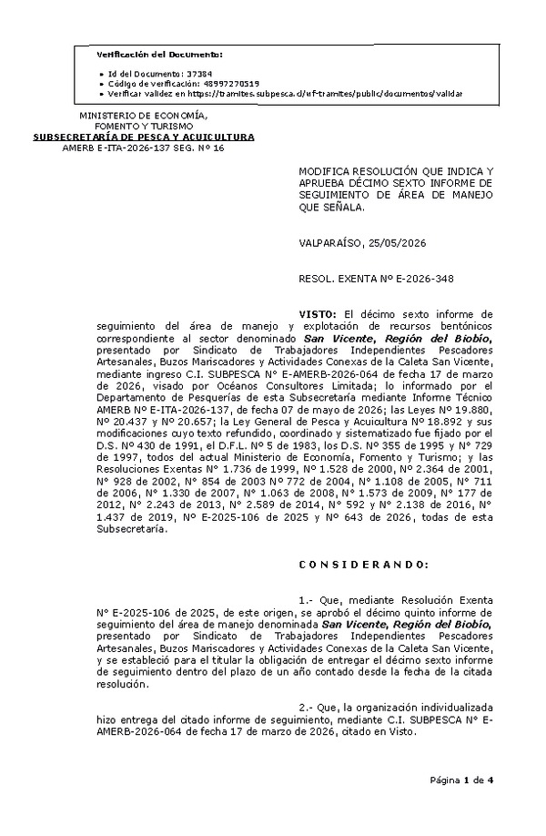 RESOL. EXENTA Nº E-2026-348 Modifica Resolución que indica, Aprueba décimo sexto informe de seguimiento. (Publicado en Página Web 25-05-2026)