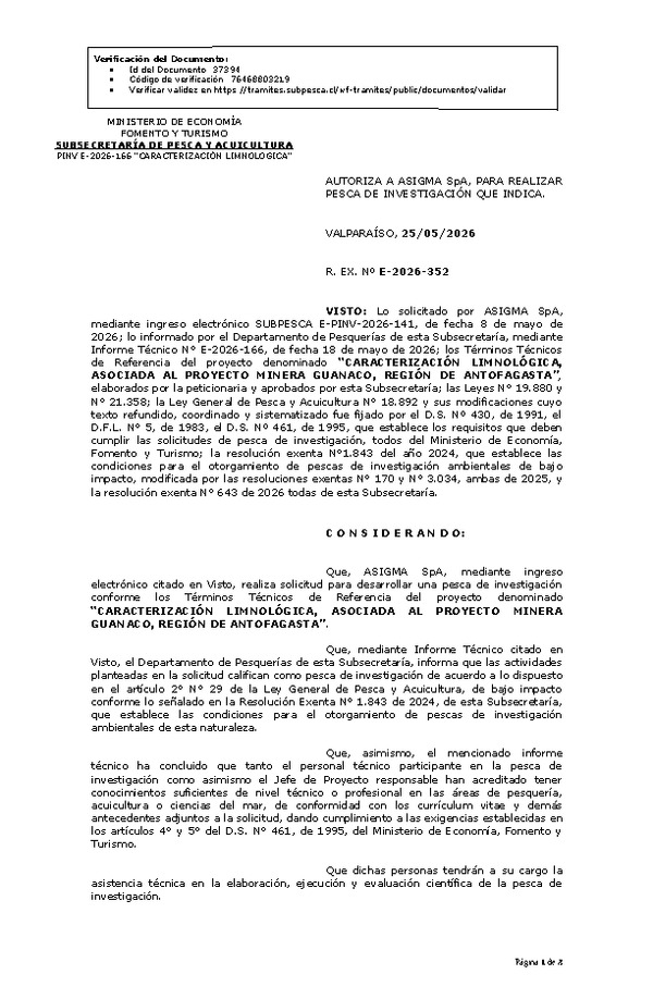 R. EX. Nº E-2026-352 AUTORIZA A ASIGMA SpA, PARA REALIZAR PESCA DE INVESTIGACIÓN QUE INDICA. (Publicado en Página Web 27-05-2026)