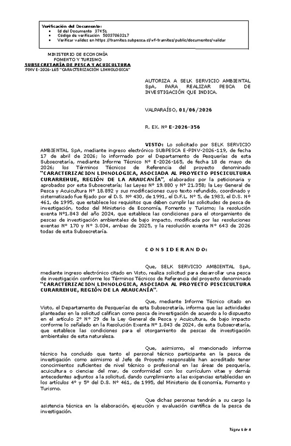 R. EX. Nº E-2026-356 AUTORIZA A SELK SERVICIO AMBIENTAL SpA, PARA REALIZAR PESCA DE INVESTIGACIÓN QUE INDICA. (Publicado en Página Web 02-06-2026)