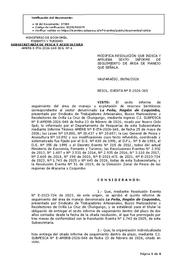 RESOL. EXENTA Nº E-2026-365 Modifica resolución que indica, aprueba sexto informe de seguimiento. (Publicado en Página Web 08-06-2026)