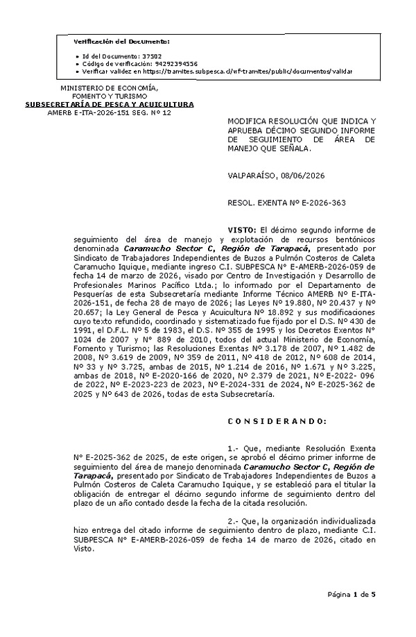 RESOL. EXENTA Nº E-2026-363 Modifica resolución que indica, aprueba décimo segundo informe de seguimiento. (Publicado en Página Web 08-06-2026)