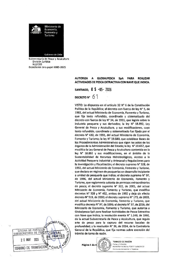 D.S. N° 61-2026 Autoriza a Globalpesca SpA para Realizar Actividades de Pesca Extractiva con Nave que Indica. (F.D.O. 09-06-2026)
