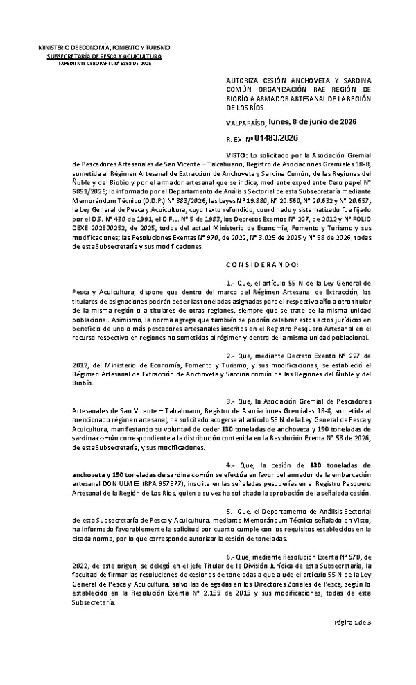 Res. Ex. N° 1483-2026 Autoriza cesión anchoveta y sardina común, Regiones del Biobío a Los Ríos. (Publicado en Página Web 09-06-2026)
