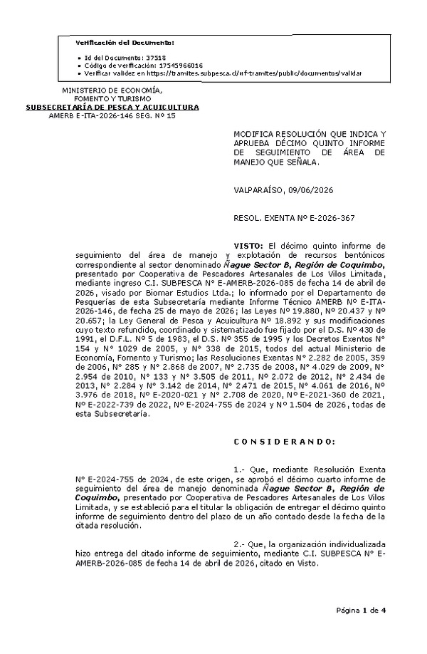 RESOL. EXENTA Nº E-2026-367 Modifica resolución que indica, aprueba décimo quinto informe de seguimiento. (Publicado en Página Web 11-06-2026)
