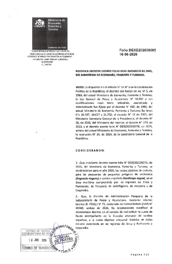 Dec. Ex. Folio N° 202600085 Modifica Dec. Ex. Folio N° 202500276 Establece Cuotas Globales de Captura Pesquerías de Anchoveta y Sardina Española, Área Arica y Parinacota a Coquimbo, Año 2026. (Publicado en Página Web 18-06-2026)