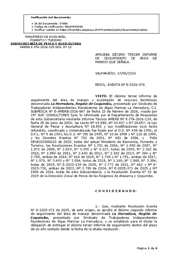 RESOL. EXENTA Nº E-2026-378 Aprueba décimo tercer informe de seguimiento. (Publicado en Página Web 18-06-2026)