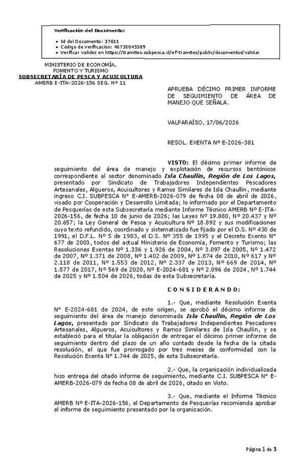RESOL. EXENTA Nº E-2026-381 Aprueba décimo primer informe de seguimiento. (Publicado en Página Web 18-06-2026)