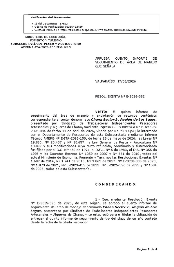 RESOL. EXENTA Nº E-2026-382 Aprueba quinto primer informe de seguimiento. (Publicado en Página Web 18-06-2026)