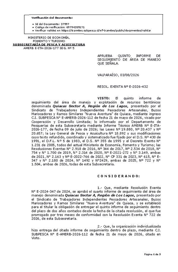 RESOL. EXENTA Nº E-2026-432 Aprueba quinto informe de seguimiento. (Publicado en Página Web 04-08-2026)